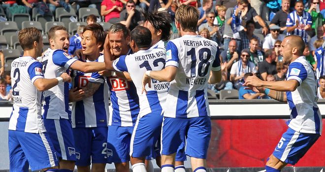 Hertha celebrate Julian Schieber's opening goal