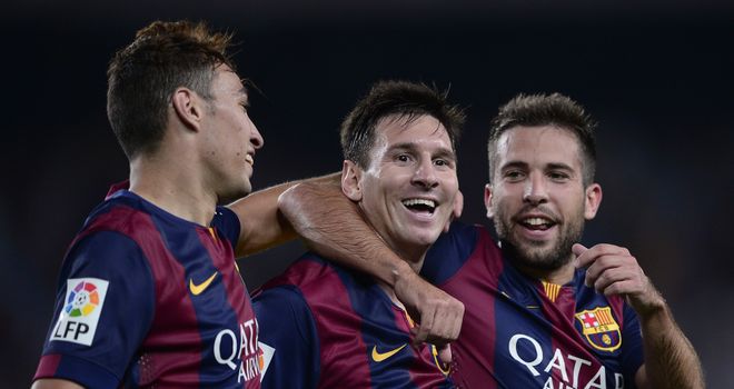 Messi (c): Congratulated by Munir and Jordi Alba