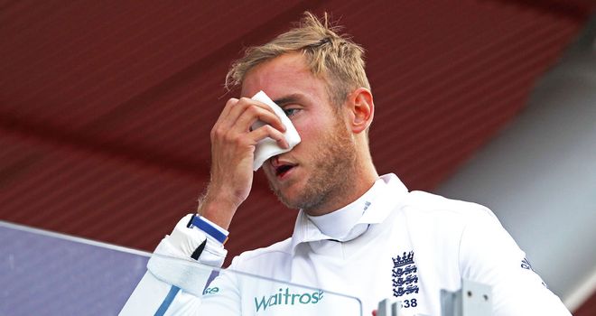 Stuart Broad was hit in the face at Old Trafford and had to retire hurt