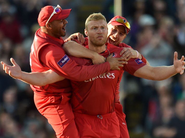 Andrew Flintoff celebrates after taking the wicket of Ian Bell