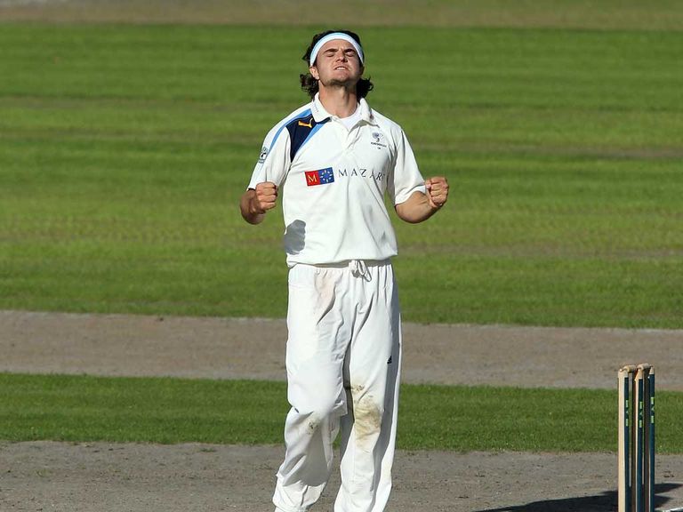 Jack Brooks of Yorkshire celebrates the wicket of Tom Smith