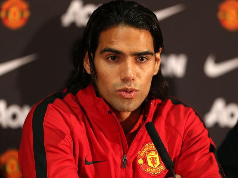 Radomel Falcao speaks during a press conference at Old Trafford