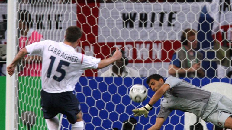 Jamie Carragher misses from the spot against Portugal