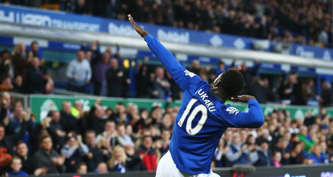 Romelu Lukaku celebrates scoring the opening goal for Everton