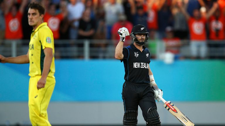 Kane Williamson celebrates after sealing their Pool A win over Australia with a six