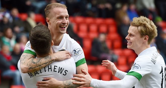 Celtic's Leigh Griffiths celebrates his goal with team-mates Adam Matthews and Gary Mackay-Steven
