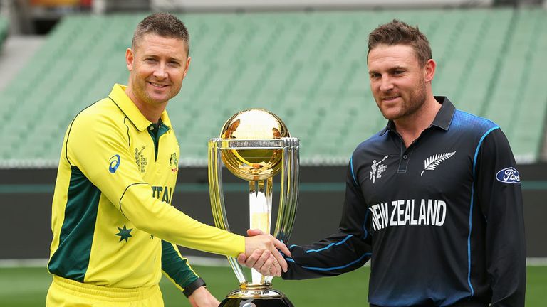 Michael Clarke (left) and Australia will face New Zealand and Brendon McCullum in the World Cup final