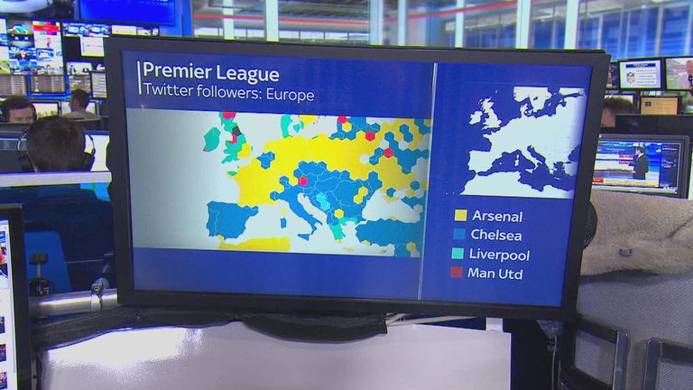 The majority of northern Europe is marked by the yellow of Arsenal, with Chelsea following closely behind