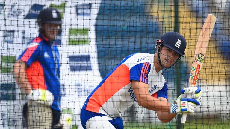 Ben Stokes watches Alastair Cook work to leg in the nets