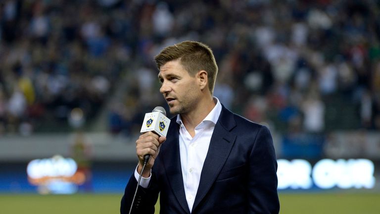 Gerrard addresses the crowd at the StubHub Center