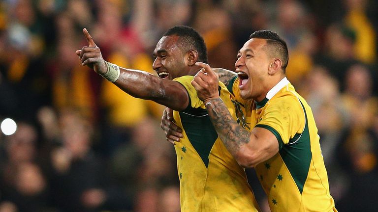 Tevita Kuridrani and Israel Folau celebrate Kuridrani's match-winning try