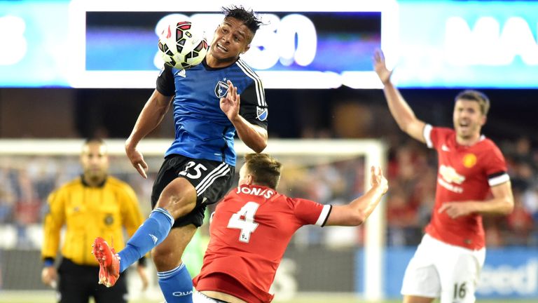 Phil Jones competes against San Jose Earthquakes