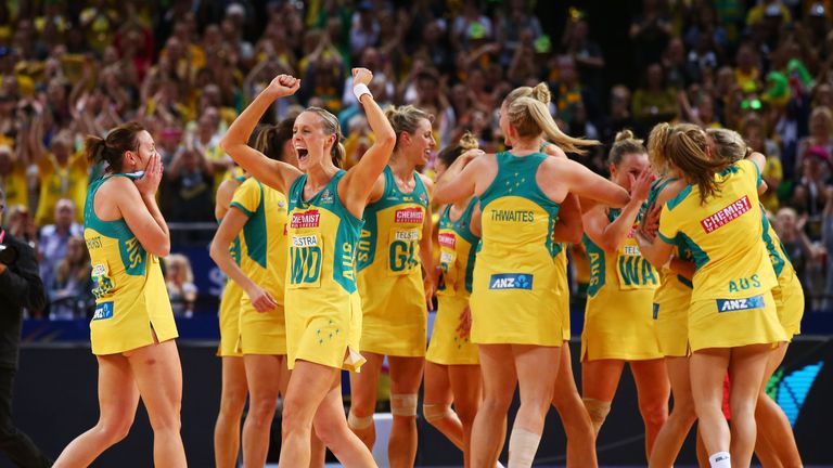 The Australian Diamonds celebrate victory in the 2015 Netball World Cup Gold Medal match 
