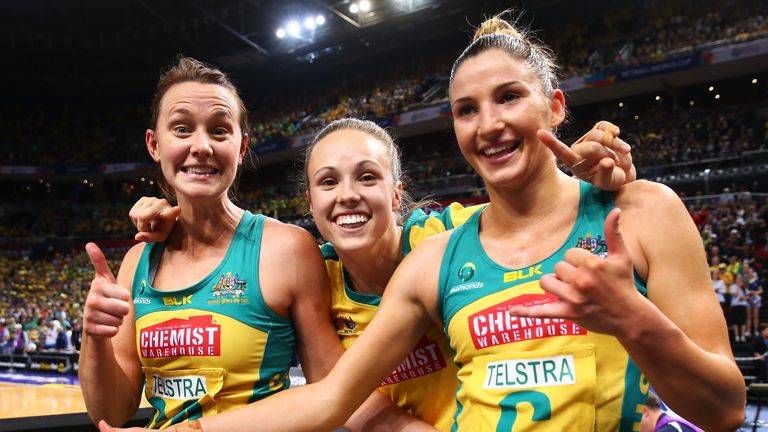 Natalie Medhurst, Paige Hadley and Kim Ravaillion (left to right) of the Diamonds celebrate their victory