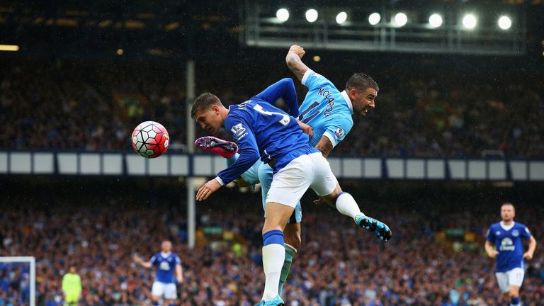 Everton's John Stones and Man City's Aleksandar Kolarov clash earlier this season