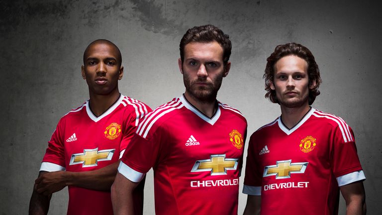 Ashley Young (left), Juan Mata (middle) and Daley Blind (right) model the new kit 