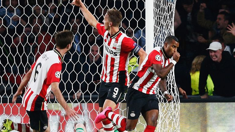 Luciano Narsingh of PSV Eindhoven celebrates scoring