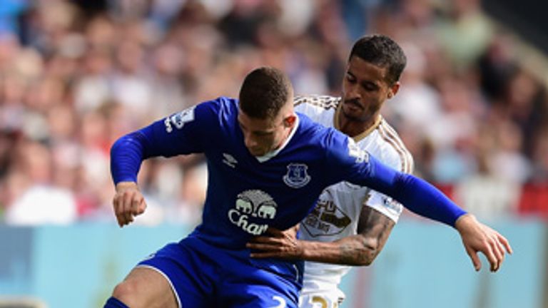 Ross Barkley is challenged by Kyle Naughton