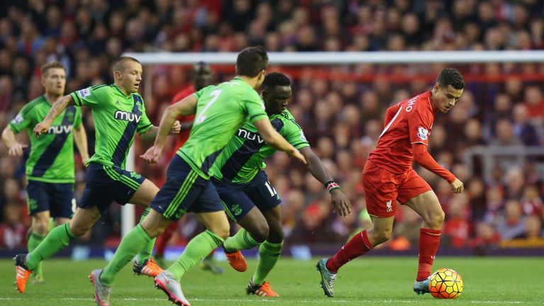 Philippe Coutinho is tracked by a number of Southampton players during their 1-1 draw earlier in the season