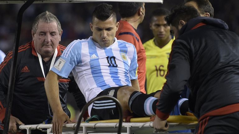 Sergio Aguero is stretchered off during Argentina's World Cup qualifier against Ecuador