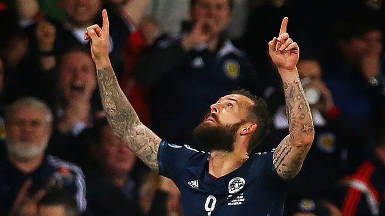 Steven Fletcher of Scotland celebrates scoring their second goal 