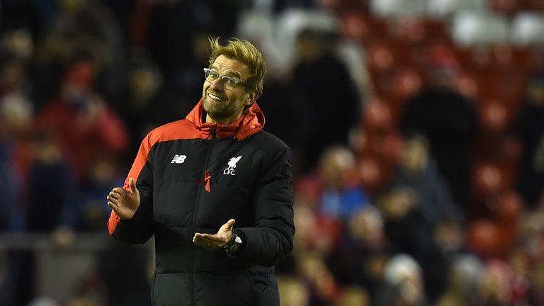 Liverpool manager Jurgen Klopp applauds the Klop having recorded his first Premier League victory at Anfield