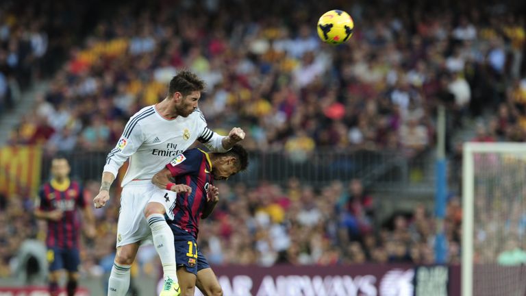 Real Madrid's Sergio Ramos clashes with Neymar in October 2013