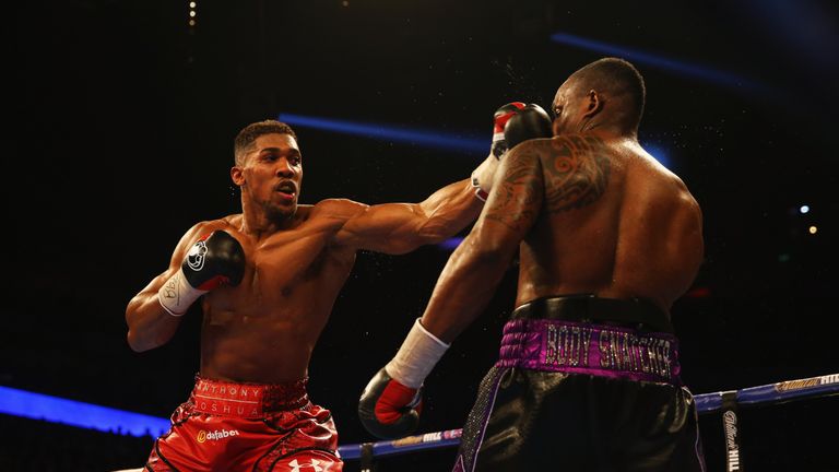 Haye wants a fight with Anthony Joshua (L), seen here in his British and Commonwealth heavyweight title contest with Dillian Whyte