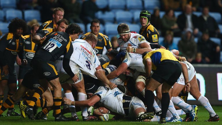 Mitch Lees burrows over for a try against Wasps