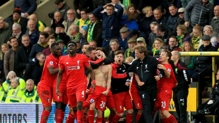 Liverpool celebrate Adam Lallana's late winner
