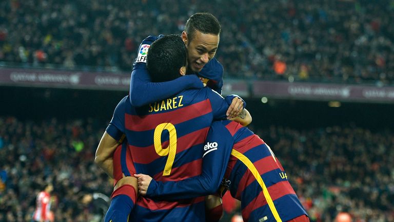 Luis Suarez and Neymar celebrate during Barcelona's 6-0 win