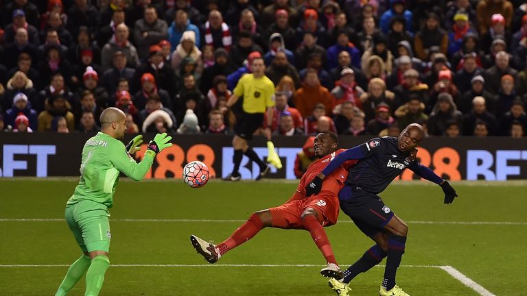 Christian Benteke is thwarted in his attempt at goal in the FA Cup fourth-round match against West Ham