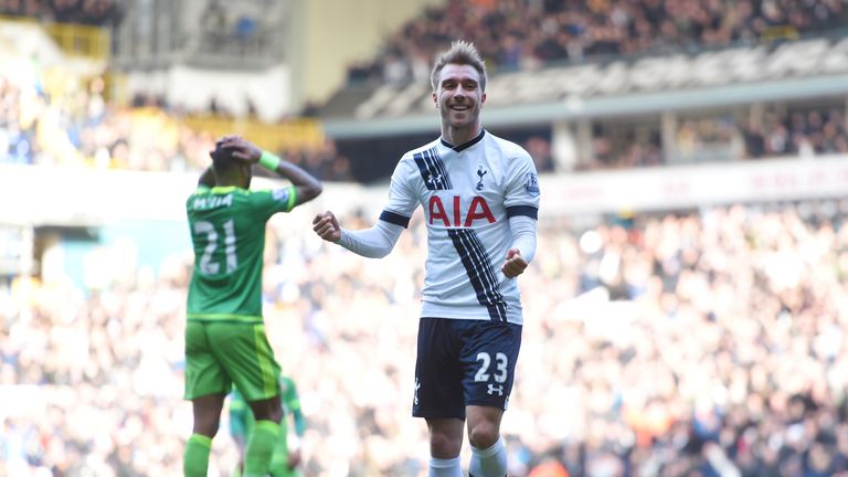 Christian Eriksen celebrates Tottenham's opener against Sunderland