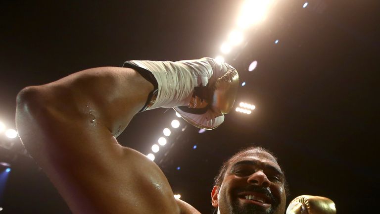 David Haye celebrates after beating Mark de Mori on his comeback at The O2 Arena