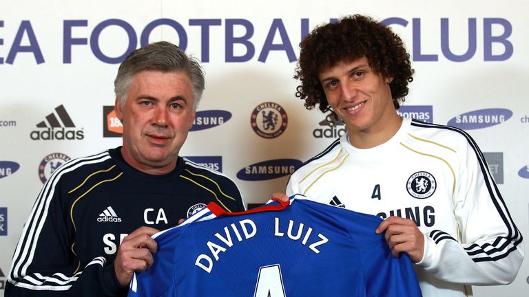 David Luiz is presented as a Chelsea player by manager Carlo Ancelotti after his move from Benfica
