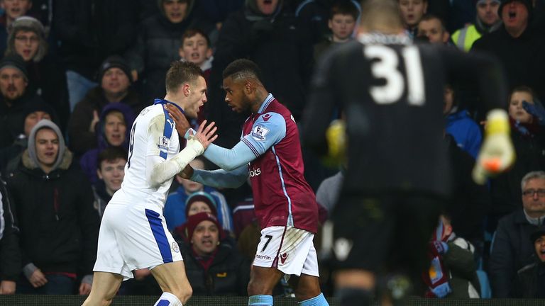 Jamie Vardy and Leandro Bacuna square off as the final whistle approaches