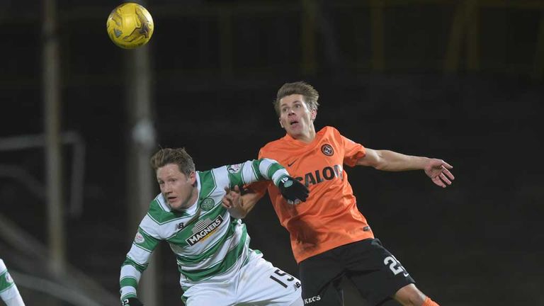 Dundee United's Riku Riski (right) and Kris Commons (left) tussle for a header