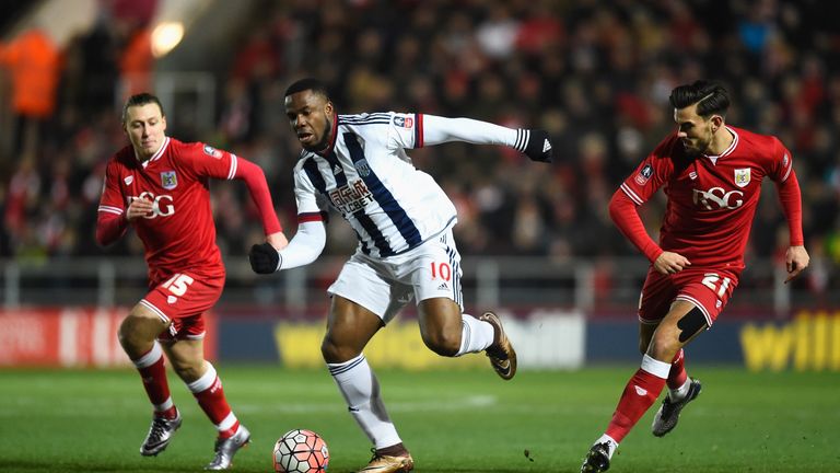 Victor Anichebe competes for the ball against Marlon Pack and Luke Freeman