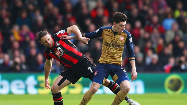 Arsenal right-back Hector Bellerin holds off Bournemouth's Marc Pugh (left)