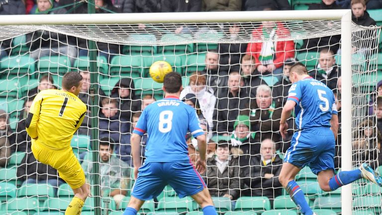 Inverness CT defender Gary Warren (5) heads the ball over an open goal