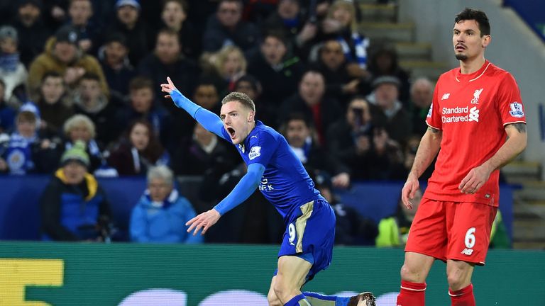 Leicester City striker Jamie Vardy (L) celebrates scoring the opening goal against Liverpool last season