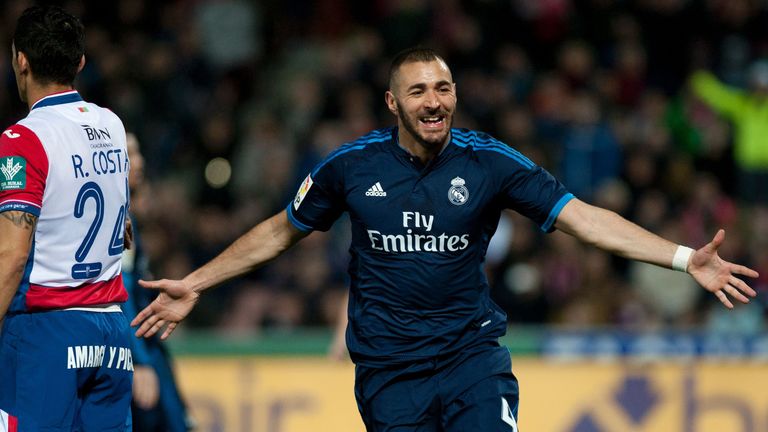 Real Madrid forward Karim Benzema celebrates his opening goal.