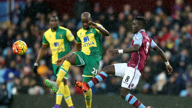 Youssouf Mulumbu of Norwich City and Idrissa Gueye of Aston Villa compete for the ball