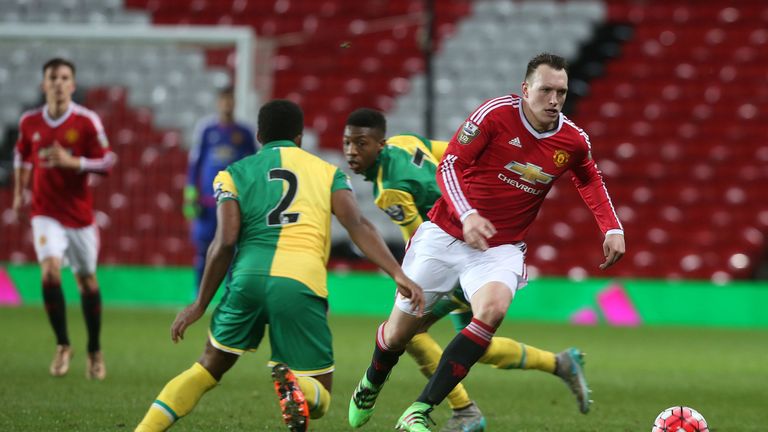 Phil Jones in action with Reece Hall-Johnson of Norwich City U21s