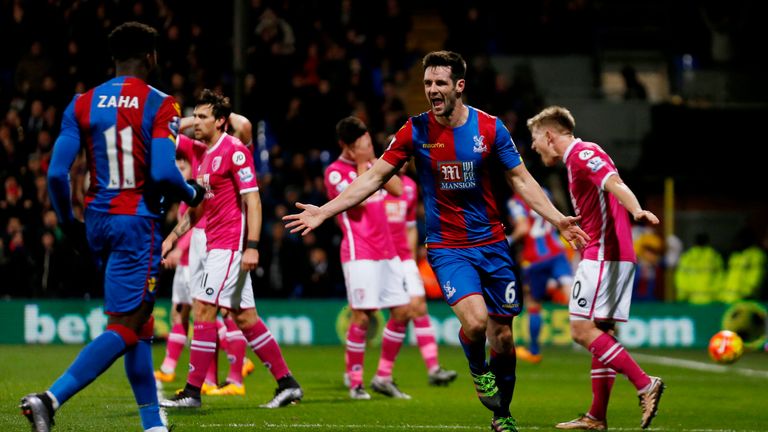 Scott Dann celebrates scoring the opening goal of the game for Crystal Palace.