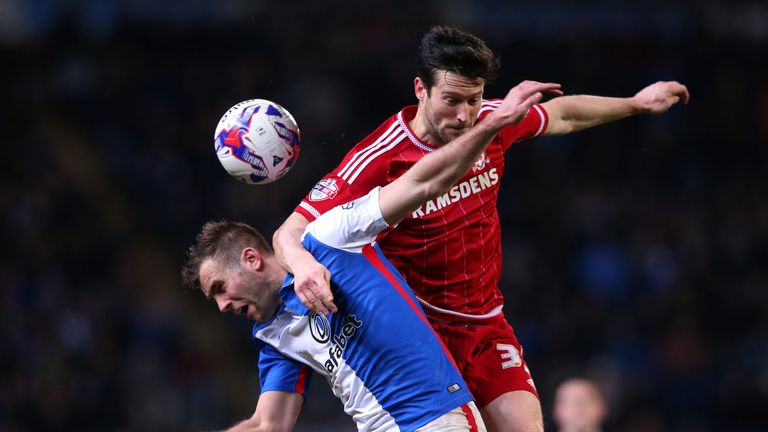 Tommy Spurr (left) of Blackburn Rovers and David Nugent of Middlesbrough compete for the ball