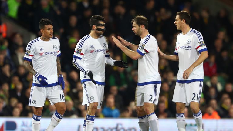 Diego Costa (second left) celebrates after doubling Chelsea's lead against Norwich