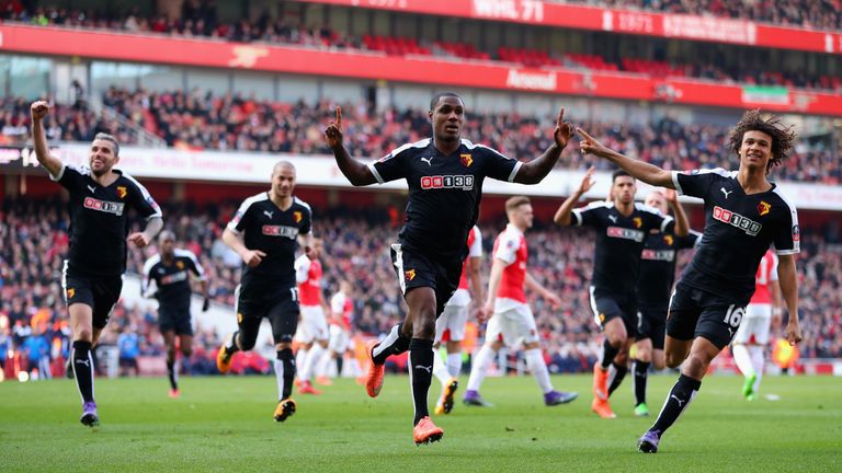 Odion Ighalo (middle) scored the opening goal in a 2-1 win for Watford
