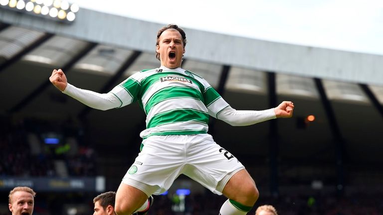Erik Sviatchenko celebrates after equalising for Celtic