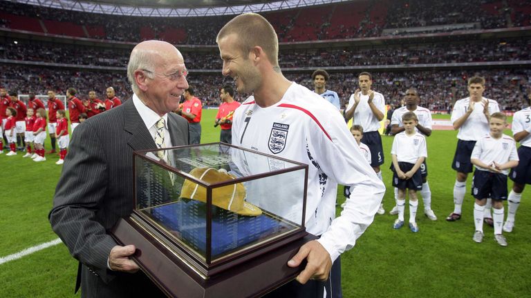Sir Bobby Charlton presents David Beckham with his 100th England cap